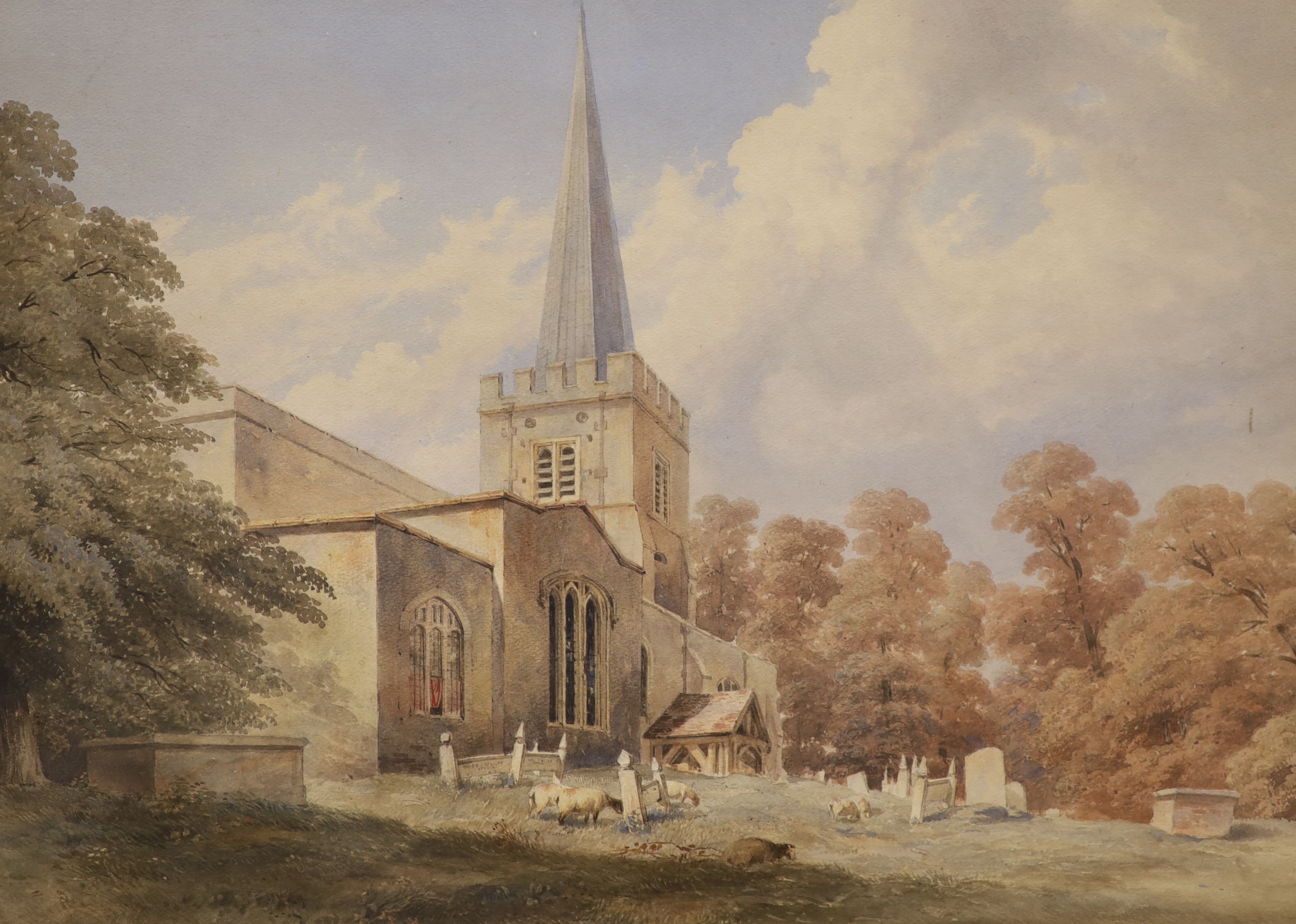 Victorian School, watercolour, Sheep grazing in churchyard, 43 x 58cm